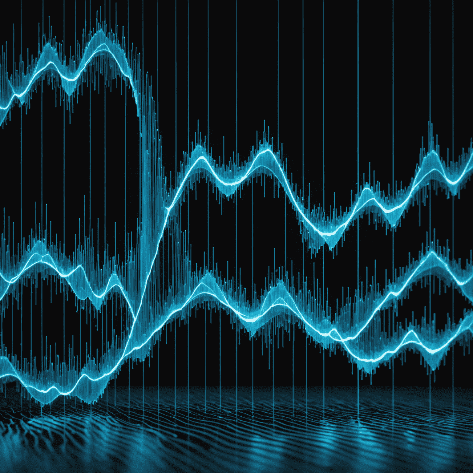 Visualization of sound waves being combined using a revolutionary algorithm, with neon blue lines representing different frequencies merging into a complex pattern