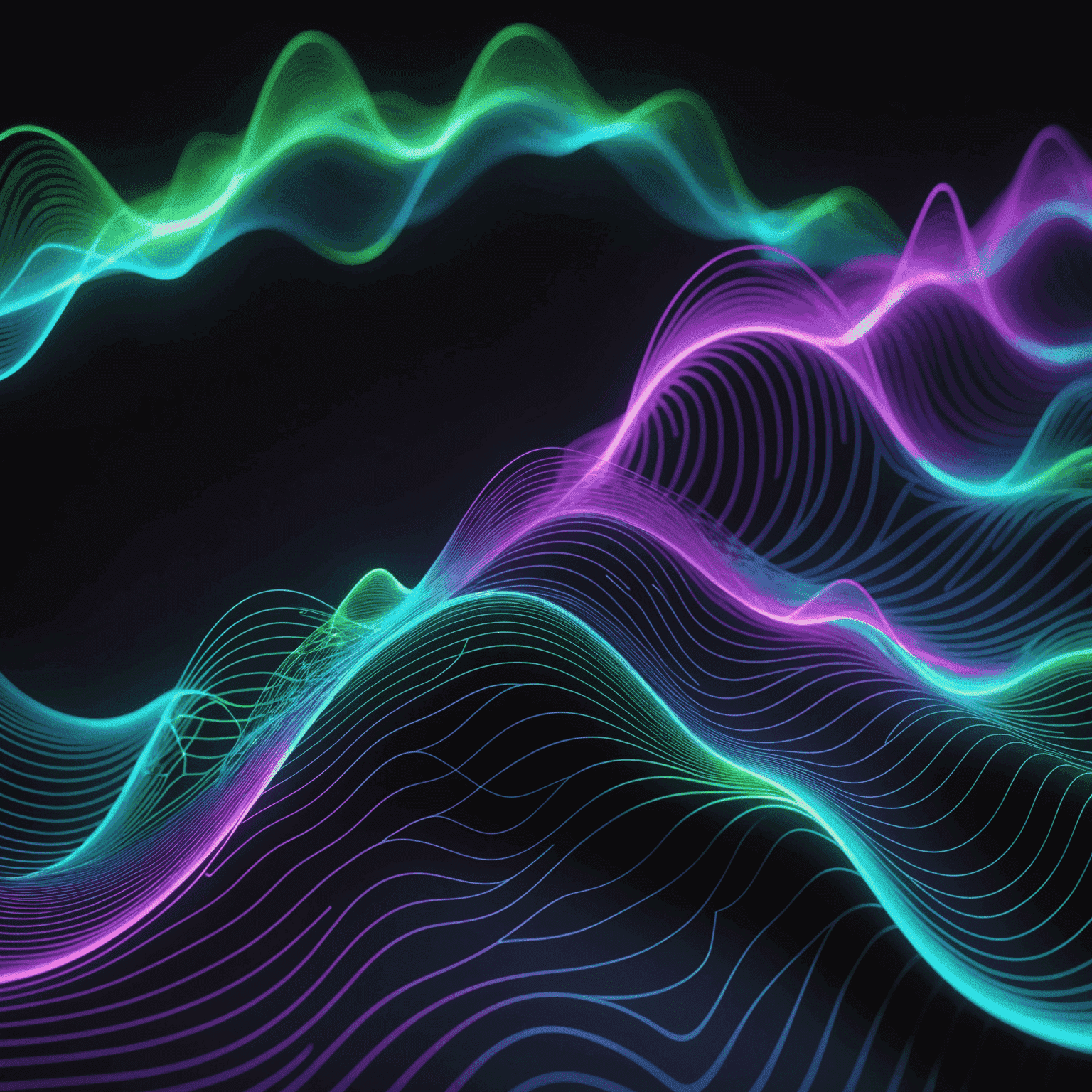A futuristic visualization of sound waves being manipulated by the new algorithm, showing intricate patterns of neon blue, purple, and green waves intertwining and transforming