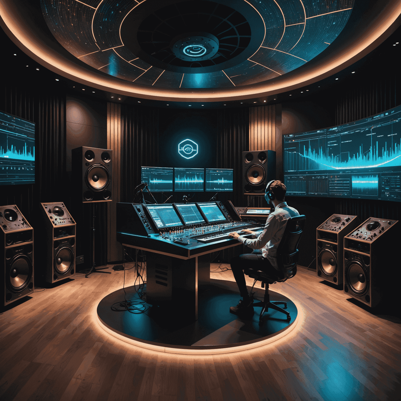 A futuristic recording studio with a professional acoustician adjusting complex sound equipment. Holographic frequency displays float in the air.