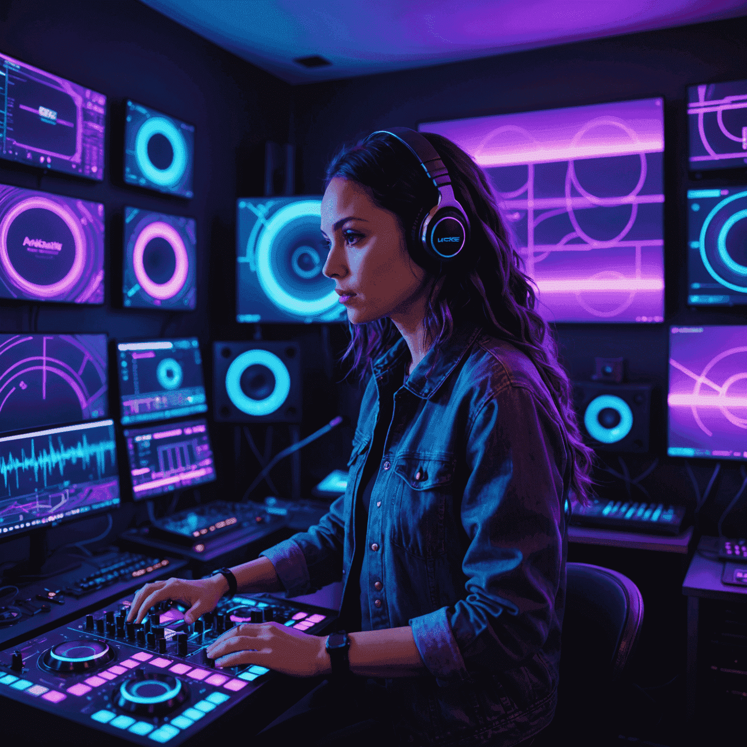 DJ Neon in her studio, manipulating sound waves on multiple screens displaying vol_audivity interface. The room is bathed in neon blue and purple lights, reflecting off various audio equipment.
