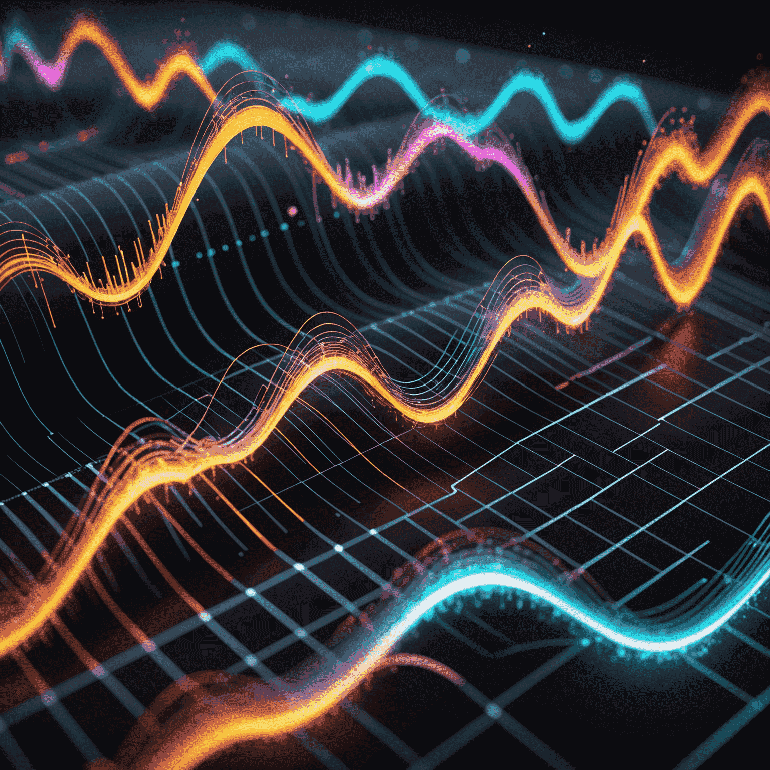 Visual representation of sound waves being mixed, with colorful waveforms intertwining and blending together in a futuristic interface.