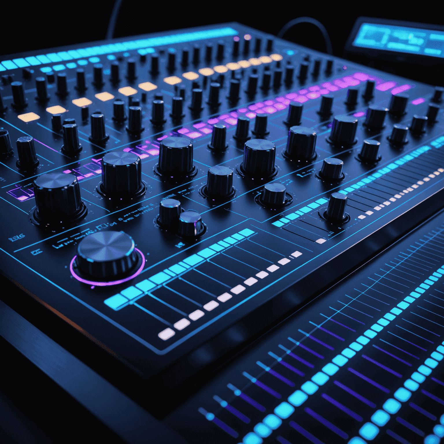 A futuristic audio mixing console with holographic displays showing various sound waves and frequency spectrums. The console is illuminated with neon blue and purple lights, creating a high-tech atmosphere.