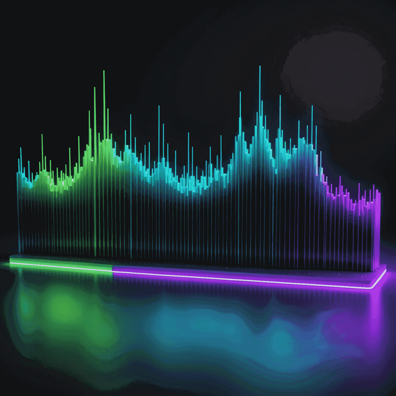 Interactive 3D visualization of audio frequency spectrum with neon blue, purple, and green highlights showing adjustable frequency bands