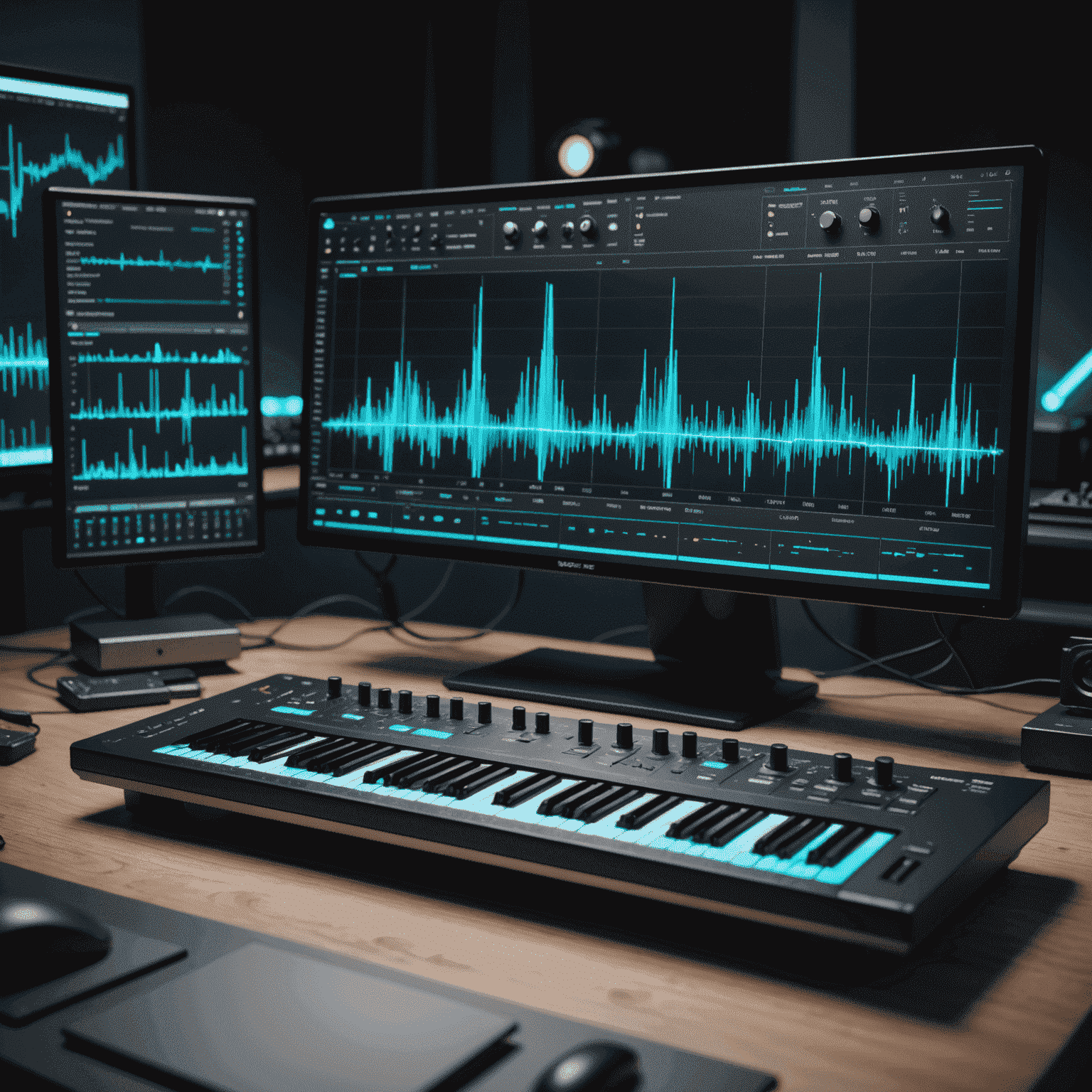 Futuristic sound design workstation with holographic interface displaying various noise waveforms and spectral analysis