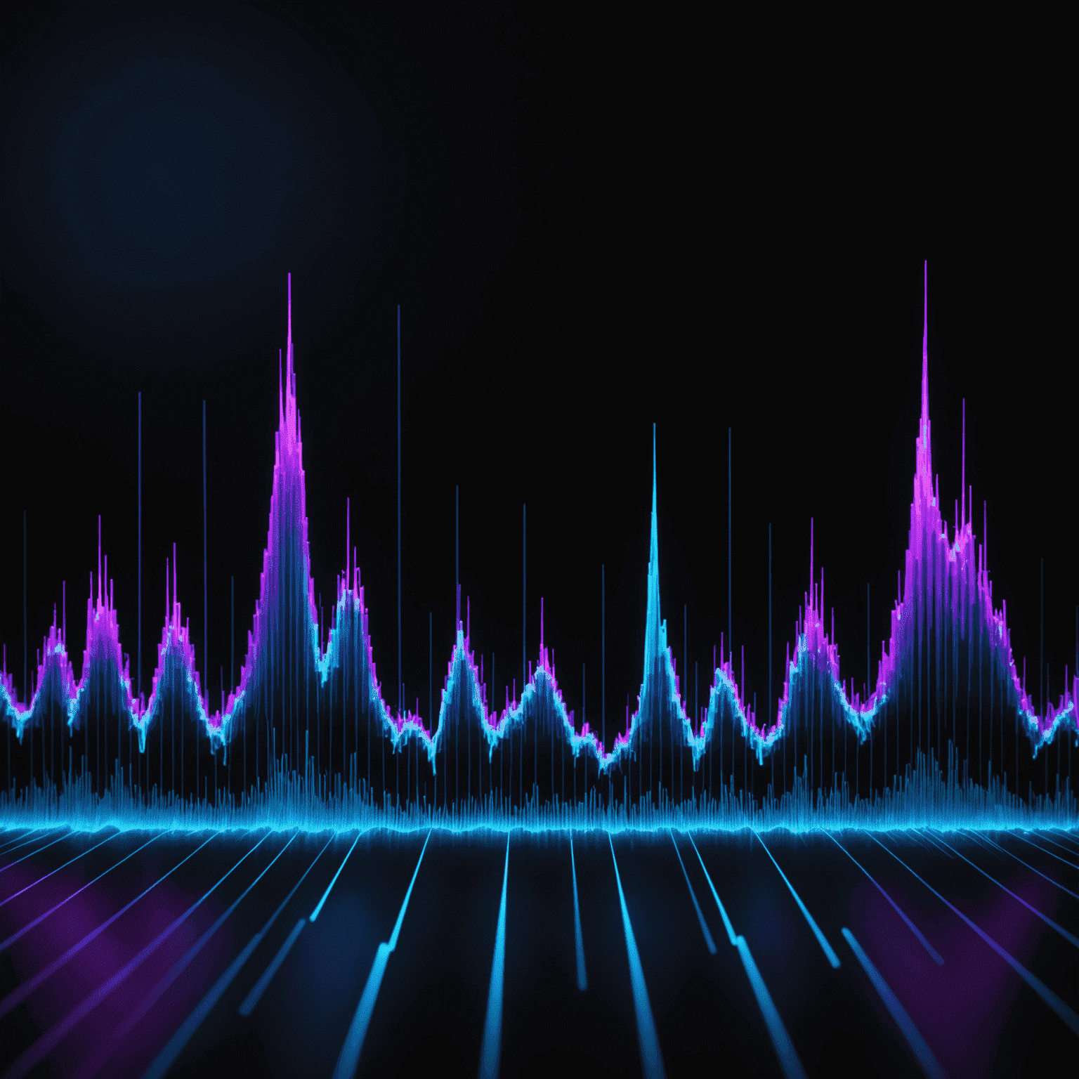 A futuristic visualization of a sound waveform, with neon blue and purple lines pulsating against a dark background. The waveform shows clear peaks and troughs, representing different frequencies and amplitudes.