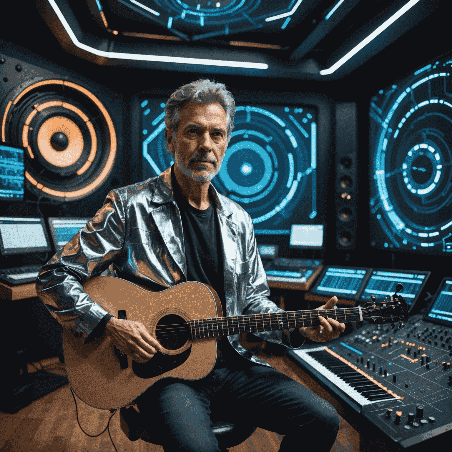 Portrait of a renowned acoustician in a futuristic studio, surrounded by holographic displays showing complex frequency patterns and wave forms