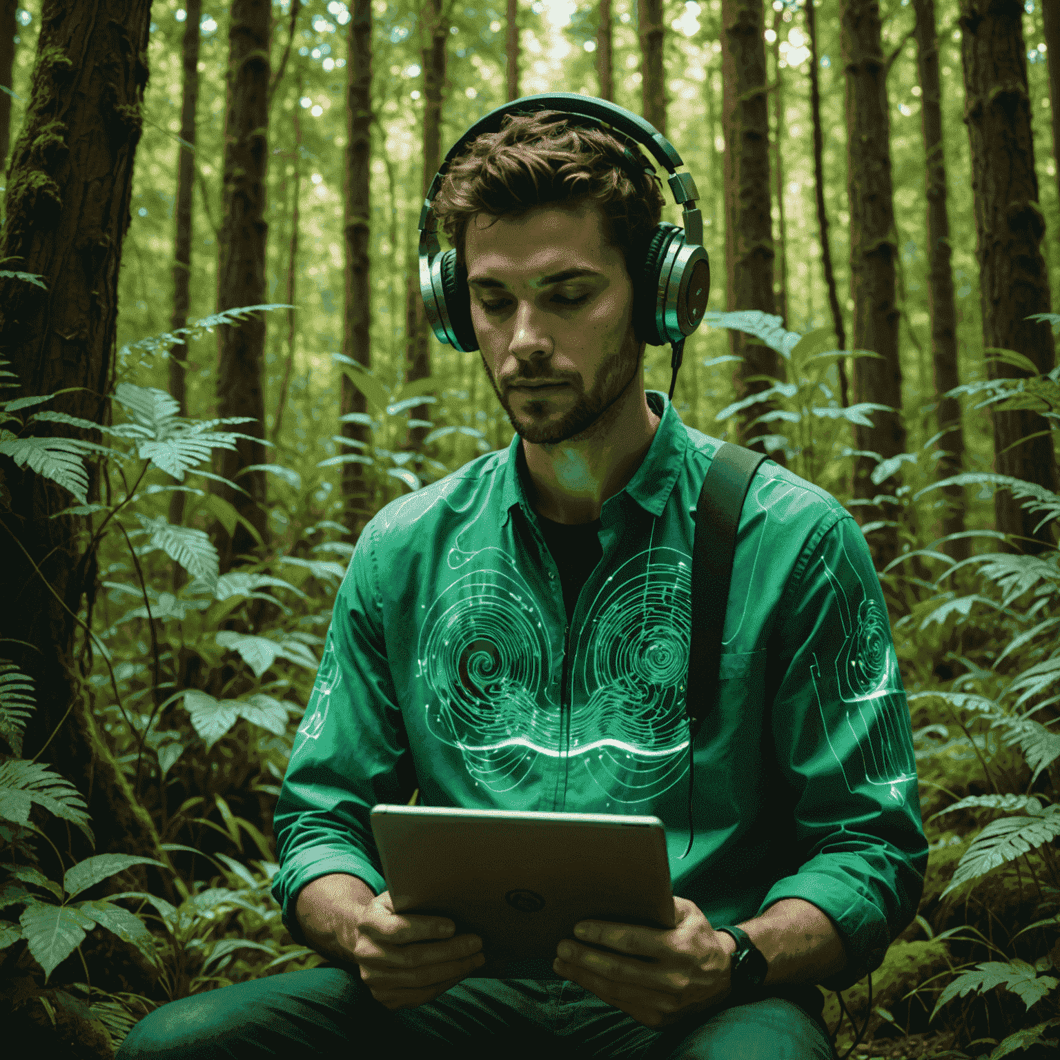 Echo Verde in a lush forest setting, wearing headphones and using a tablet running vol_audivity. Holographic projections of sound waves float around him, interacting with the natural environment.