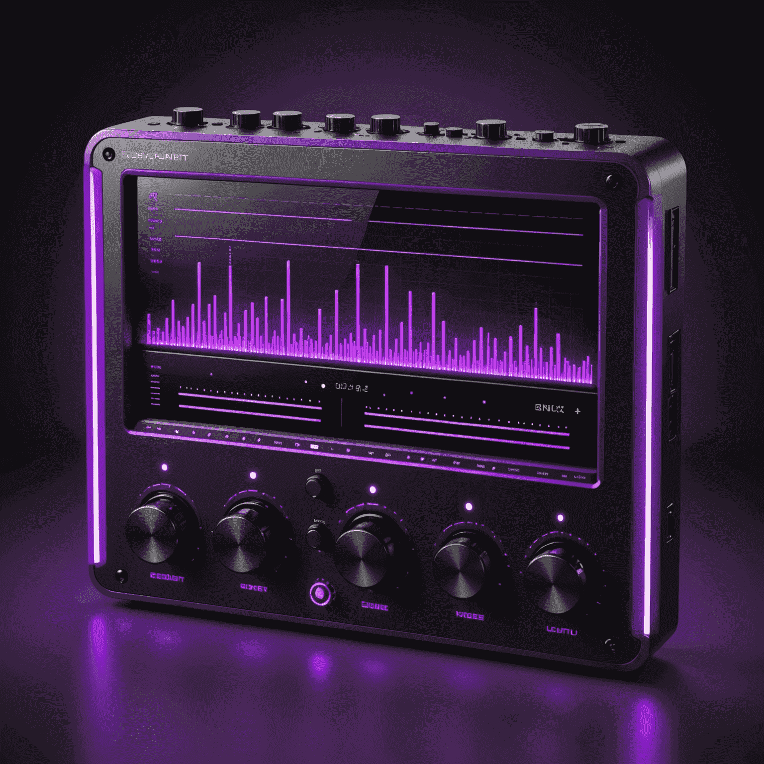 Futuristic equalizer interface with sliders and knobs for precise frequency adjustment, glowing in neon purple.
