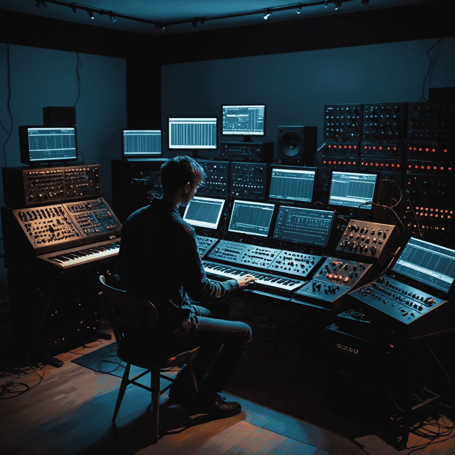 Artist performing live ambient music using noise generators and modular synthesizers in a dimly lit, futuristic studio