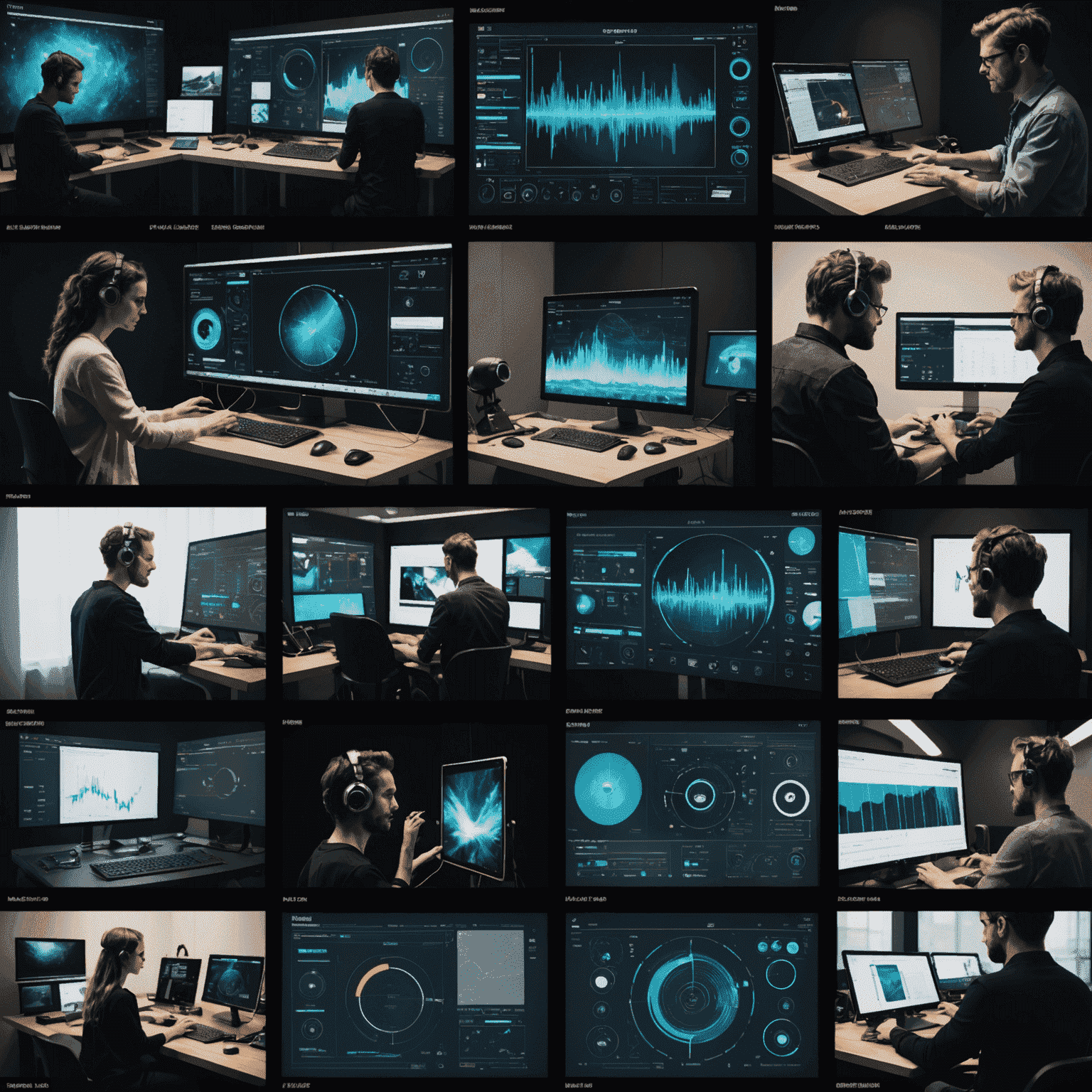Collage of various users working with vol_audivity interface, showing diverse audio projects and creative wave combinations on futuristic touchscreens