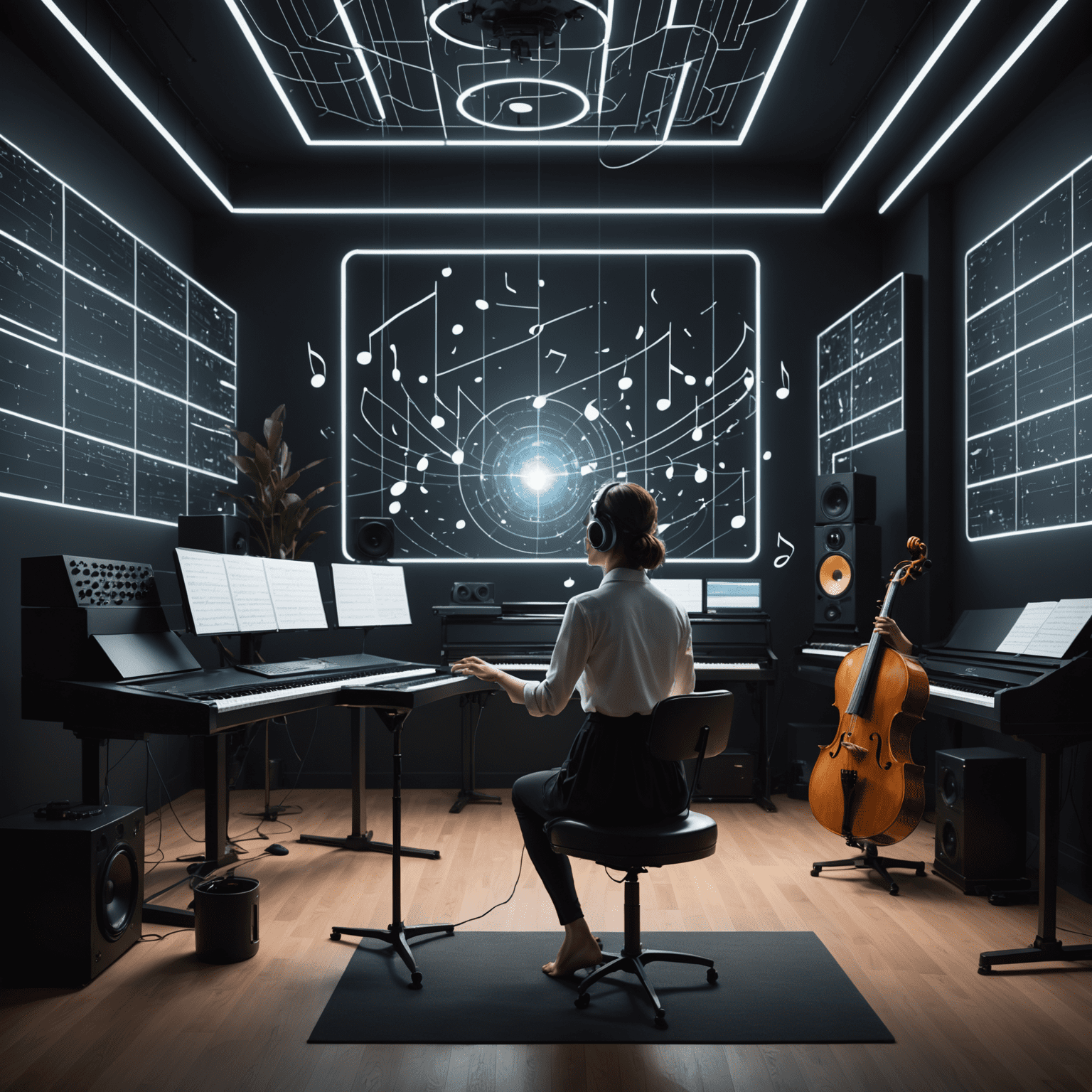 Aria Quantum in a minimalist, futuristic studio space. She's conducting an invisible orchestra while surrounded by floating, glowing musical notes and vol_audivity interface panels.