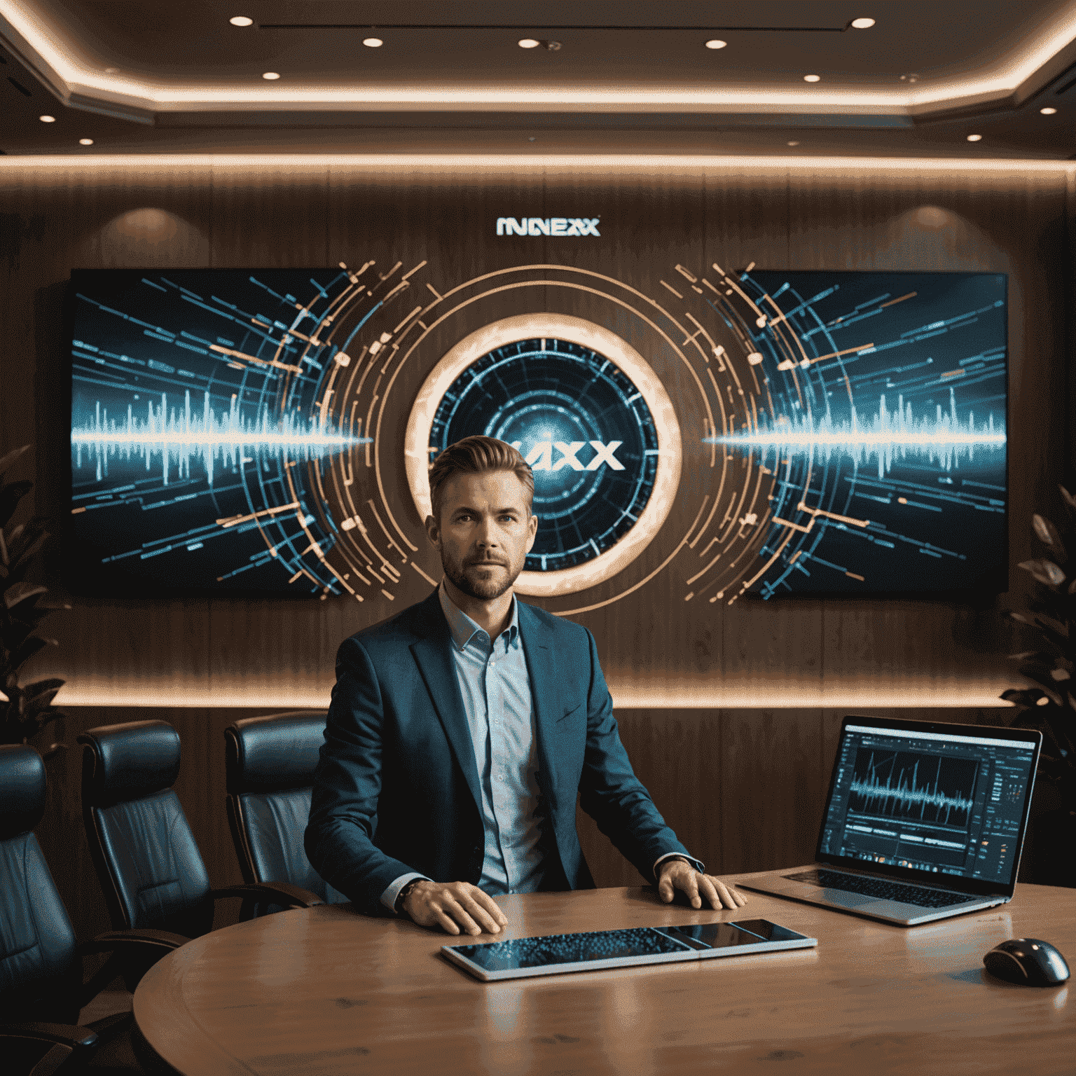 Max Resonance presenting in a high-tech boardroom. Behind him is a large screen showing various brand logos morphing into sound waves, all manipulated through the vol_audivity interface.