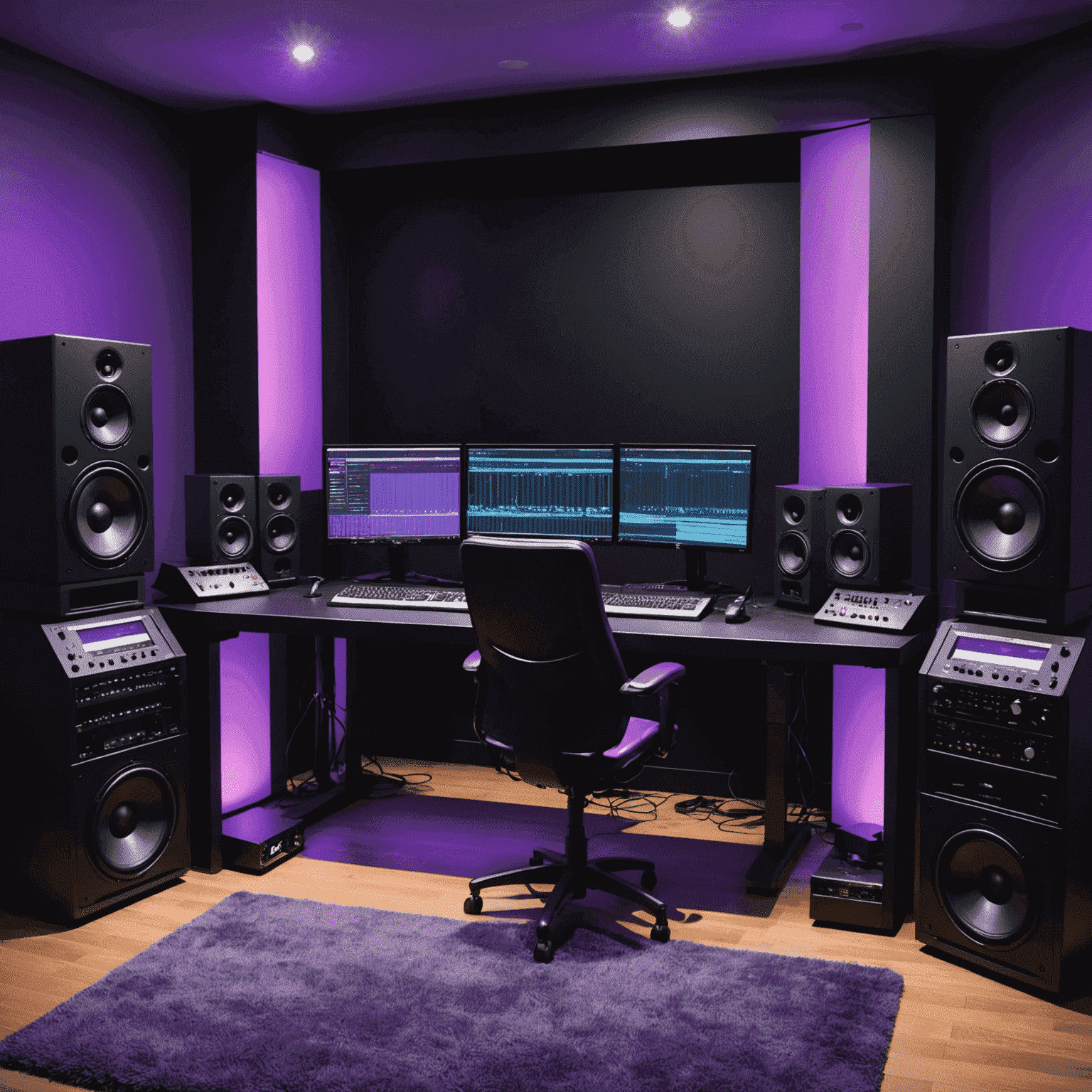 Professional audio mastering studio setup with high-end equipment, monitors, and a sleek interface glowing in electric purple.